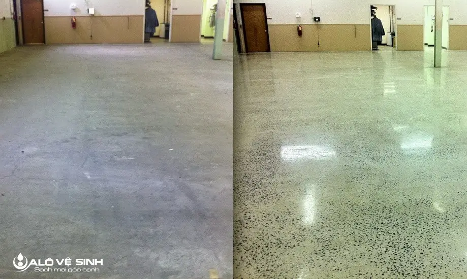 Hình ảnh trước và sau khi đánh bóng sàn của Alo Vệ Sinh