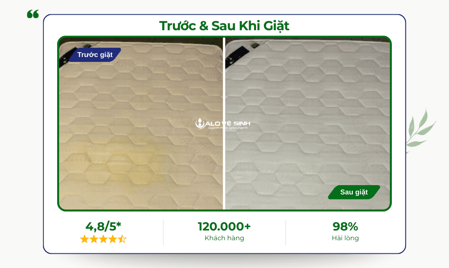So sánh nệm cao su bị ố vàng lâu ngày trước và sau khi giặt nệm chuyên sâu