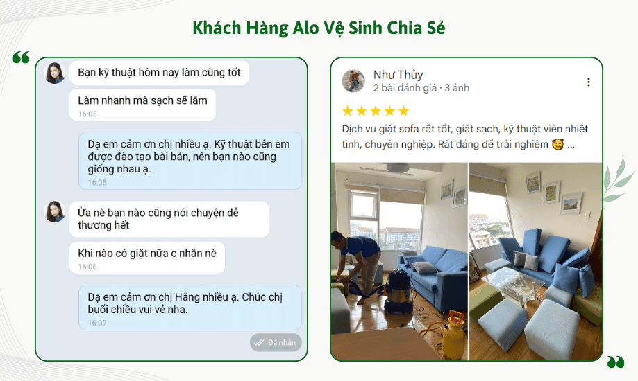 Lời khen ngợi kỹ thuật viên vệ sinh nệm làm việc nhanh chóng, nhiệt tình