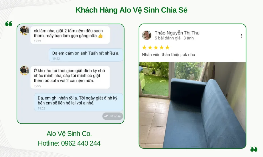 Đánh giá kết quả vệ sinh nệm sạch thơm và phong cách làm việc gọn gàng