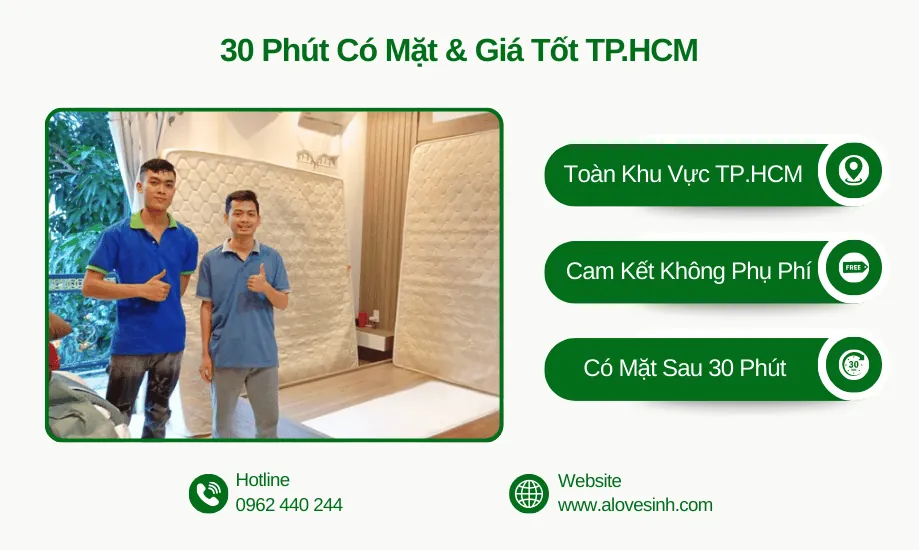 Dịch vụ giặt nệm phục vụ khu vực Thành phố Hồ Chí Minh và các khu vực lân cận, cam kết có mặt sau 30 phút