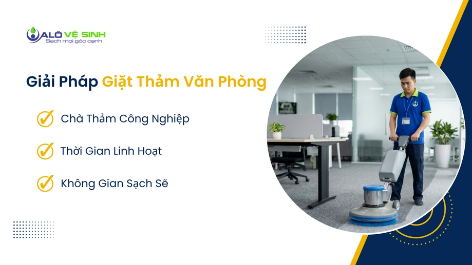 Dùng máy chà thảm công nghiệp để vệ sinh thảm văn phòng Quận 12