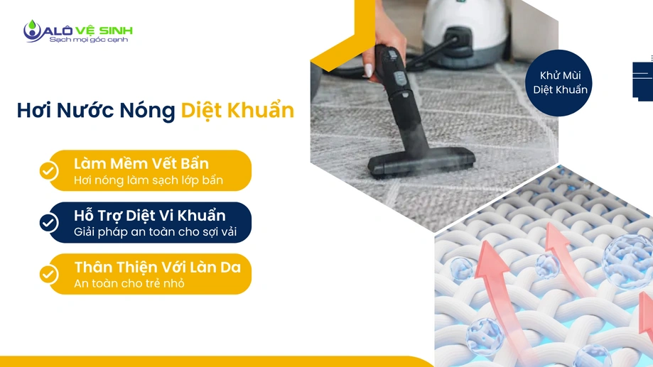 Dùng hơi nước nóng diệt khuẩn khi giặt thảm trang trí Quận 12