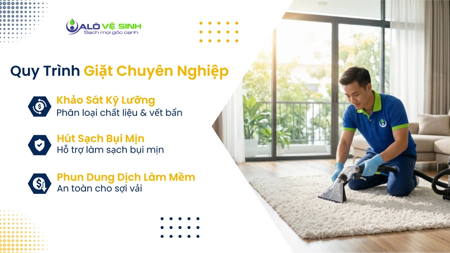 Kỹ thuật viên thực hiện các bước giặt thảm Quận 1