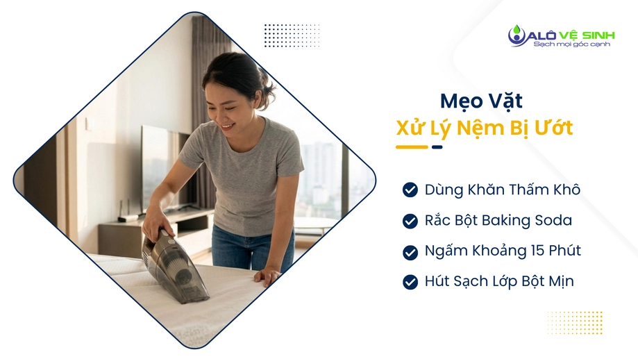 Rắc baking soda để tự vệ sinh nệm tại nhà Bình Chánh