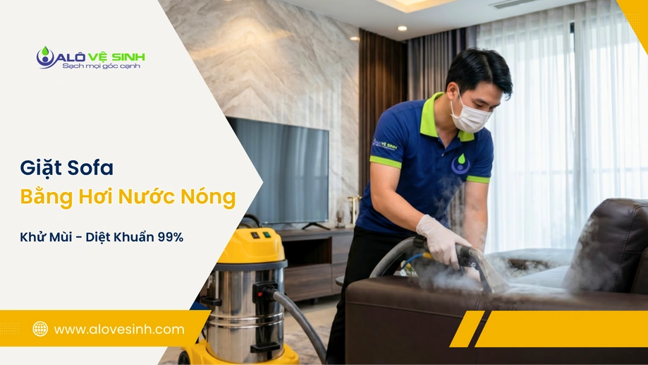 Nhân viên dùng máy phun hơi nóng để vệ sinh ghế sofa Củ Chi