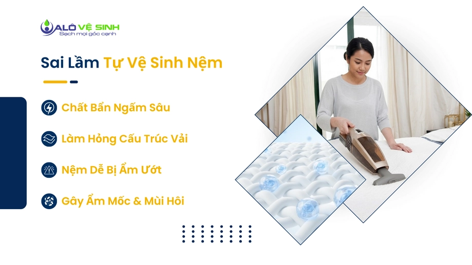 Nệm bị ố vàng loang lổ do tự vệ sinh nệm Quận 8 sai cách tại nhà