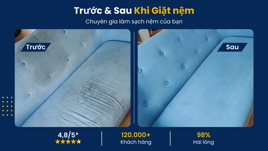 Hiệu quả trước và sau khi giặt nệm cùng sofa bị thâm kim tại Alo Vệ Sinh