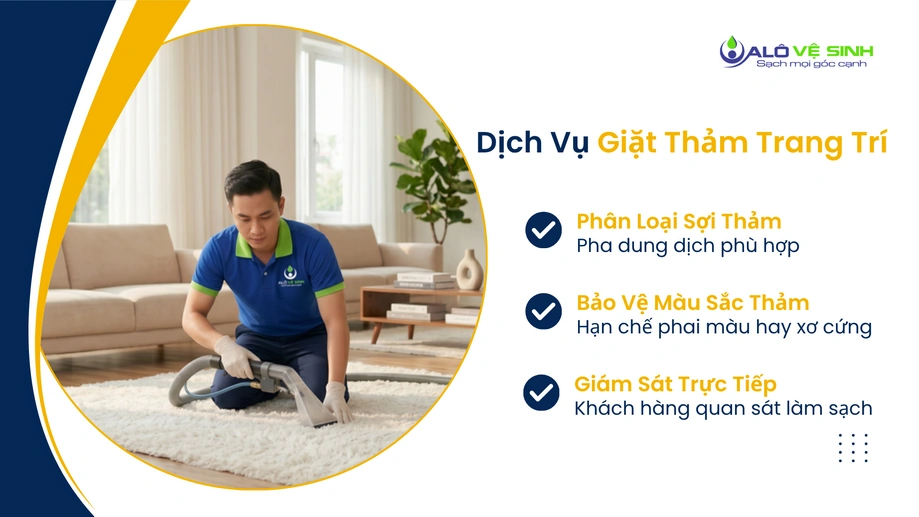 Nhân viên tỉ mỉ xử lý họa tiết khi giặt thảm trang trí